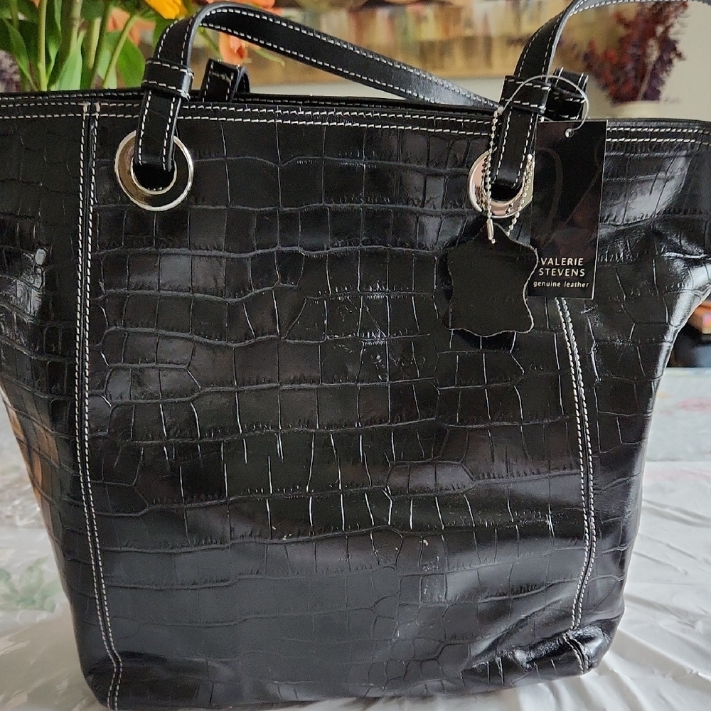 Valerie Stevens Black Croc-Embossed Tote Bag